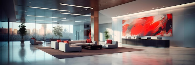 sleek and modern corporate office lobby with minimalist decor a large reception desk and contemporary art installations Generative AI
