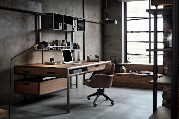 A sleek modern desk in an industrial setting created with generative ai