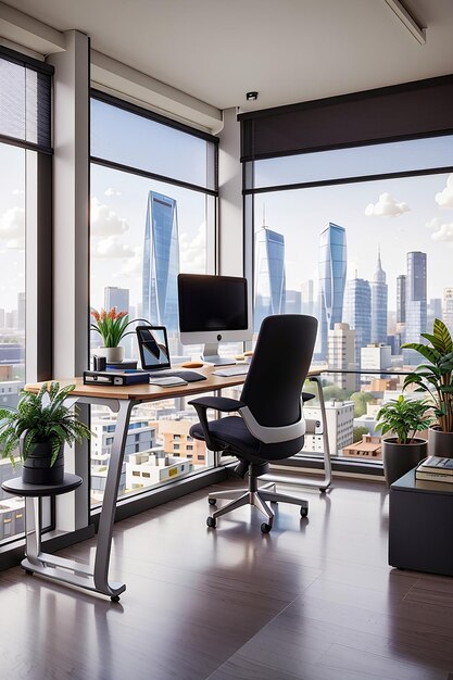 A sleek and modern freelancers office with a large window overlooking a bustling cityscape