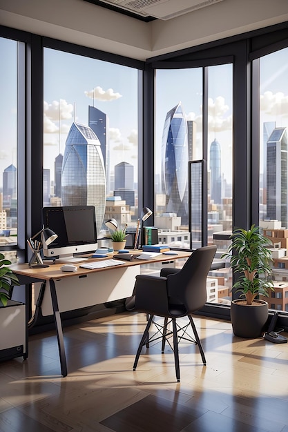 A sleek and modern freelancers office with a large window overlooking a bustling cityscape