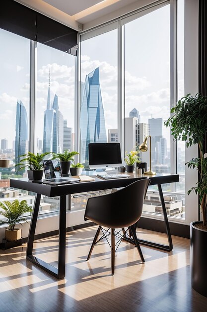 A sleek and modern freelancers office with a large window overlooking a bustling cityscape