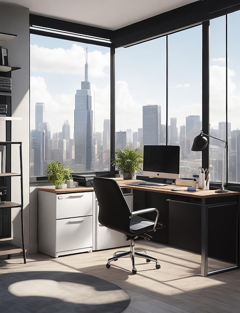 A sleek and modern freelancers office with a large window overlooking a bustling cityscape