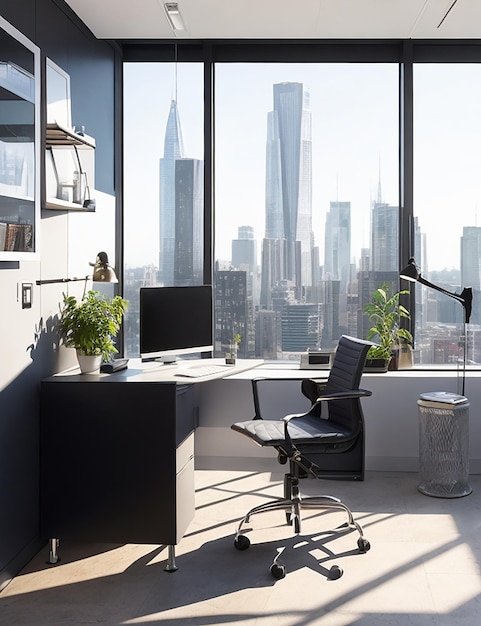 A sleek and modern freelancers office with a large window overlooking a bustling cityscape