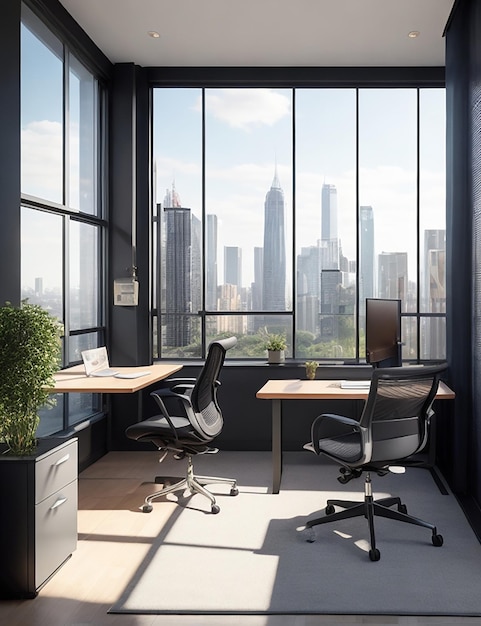 A sleek and modern freelancers office with a large window overlooking a bustling cityscape