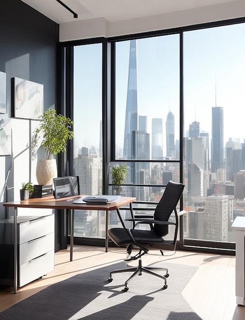 A sleek and modern freelancers office with a large window overlooking a bustling cityscape