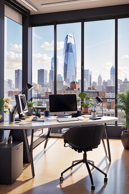 A sleek and modern freelancers office with a large window overlooking a bustling cityscape