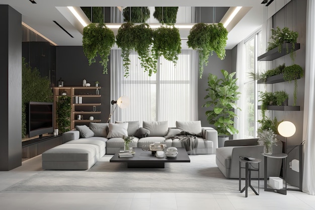 A sleek and modern living room with greenery adding a touch of natural beauty