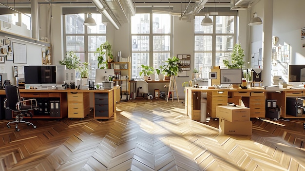 写真 優雅な近代的なオフィスインテリア ミニマリストの白い机と椅子 木製の床の広大なデザイン