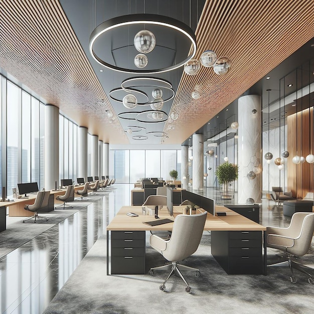 Sleek Modern Office with Blurred Background and Abundant Light
