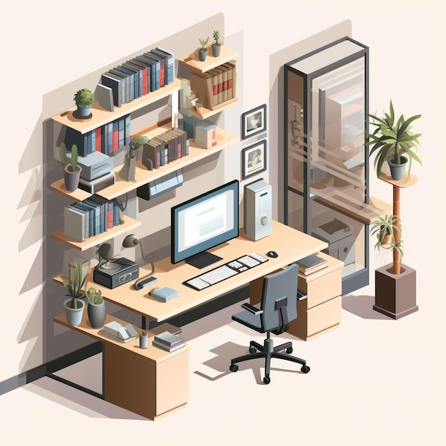 Photo sleek modern office workspace with monitor bookshelf mood board corporate efficiency generative ai