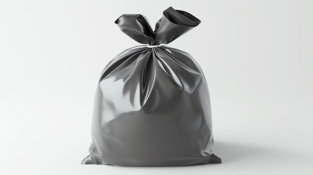 A sleek modern and photorealistic 3Drendered icon of a grey trash bag standing out against a pristine white background Perfect for representing cleanliness organization and waste mana