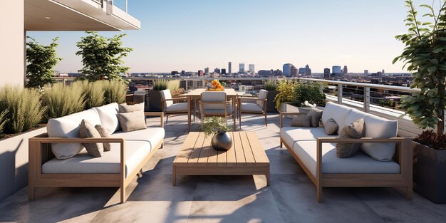 Photo sleek modern rooftop lounge view ai generated