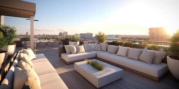 Photo sleek modern rooftop lounge view ai generated