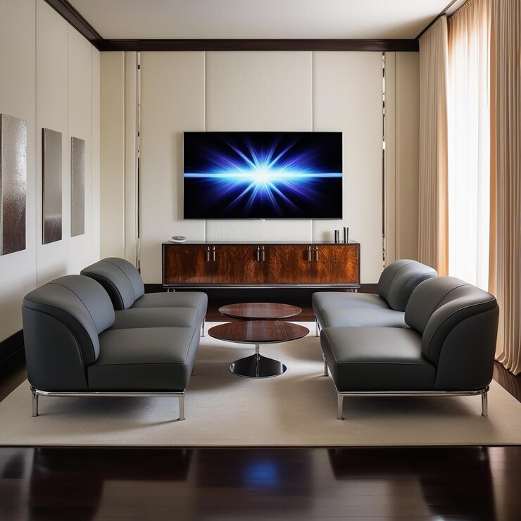 A sleek modern TV lounge with a large wallmounted ultrahighdefinition flatscreen TV