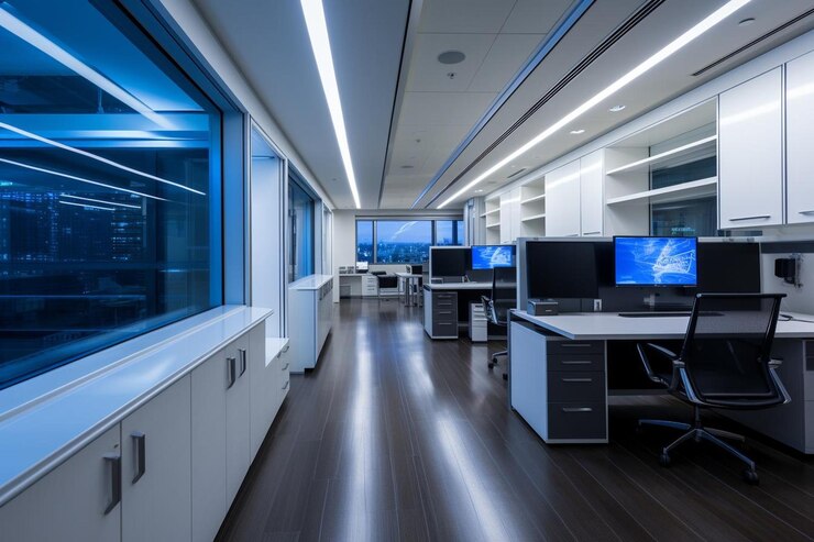 Photo sleek office complex with hightech security feature