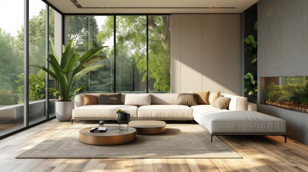 A sleek openconcept living room with neutral tones and large panoramic windows for natural light