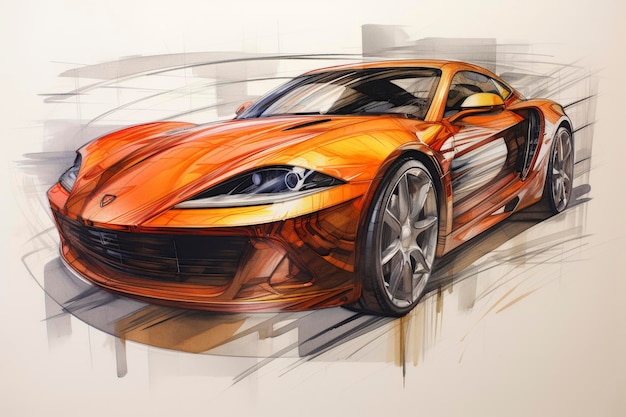 Foto sketch di un'elegante auto sportiva arancione