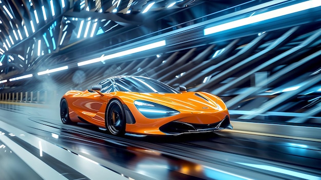 Sleek Orange Sports Car Speeding in Futuristic Tunnel Modern Design Dynamic Image for Automotive Advertising HighSpeed Vehicle Performance Concept AI