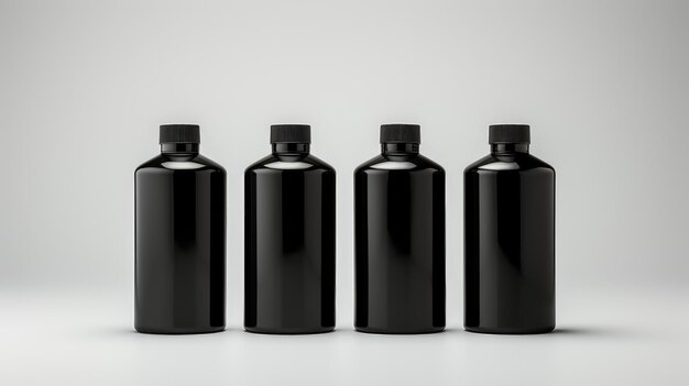 Photo sleek packaging set of black plastic bottles isolated on a crisp white background ideal for showcasing a variety of cosmetic and personal care products with a sleek and modern presentation