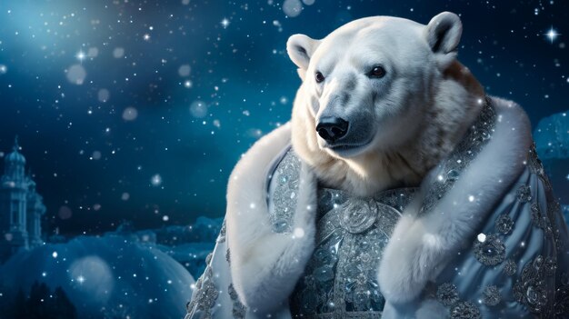 sleek polar bear in a tailored fur coat adorned with silver snowflake brooches