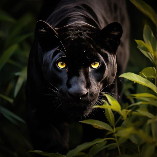 A sleek and powerful black panther prowls through the underbrush