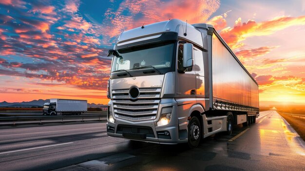 Sleek and Powerful Modern SemiTruck Illuminated by Warm Evening Light