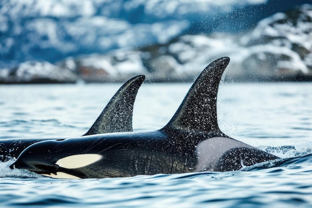Sleek and powerful orcas gracefully navigate the open sea in cohesive pods their streamlined bodies slicing through the water with effortless precision