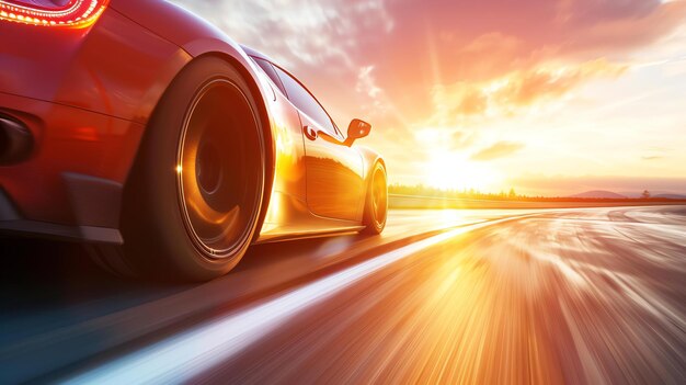 Foto un'elegante auto sportiva rossa scende veloce per una strada tortuosa il sole sta tramontando e il cielo è pieno di colori