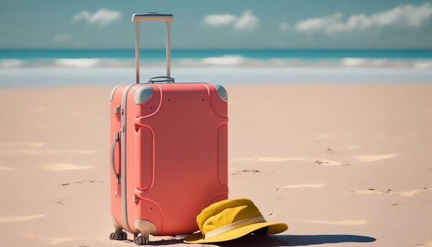 A sleek red suitcase looking out onto the tranquil sea