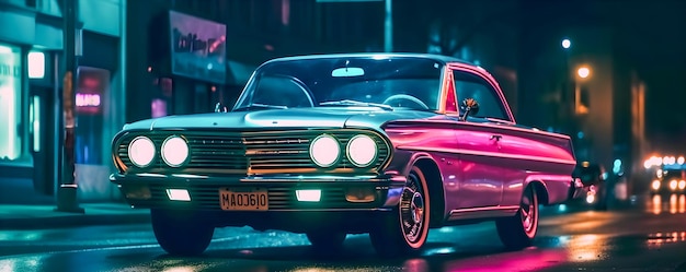 Sleek retrowave car with neon lights illuminating on the city streets