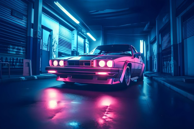 Sleek retrowave car with neon lights illuminating on the city streets