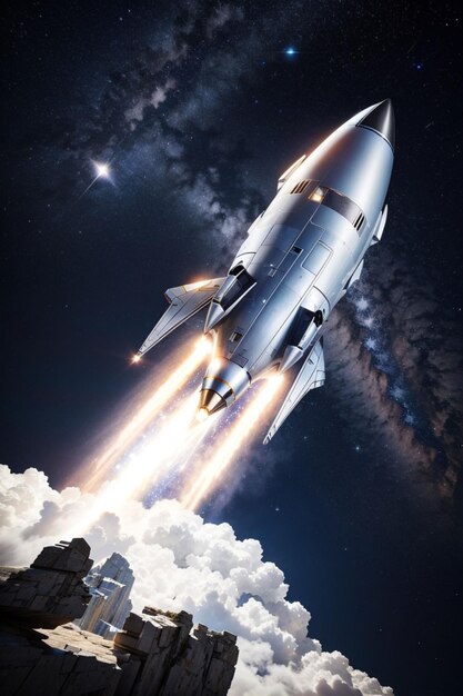 A sleek silver rocket soaring through a starfilled night sky