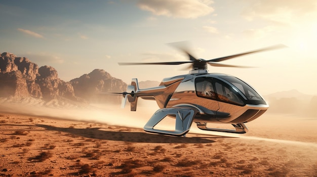 A sleek silver solar powered helicopter flying above