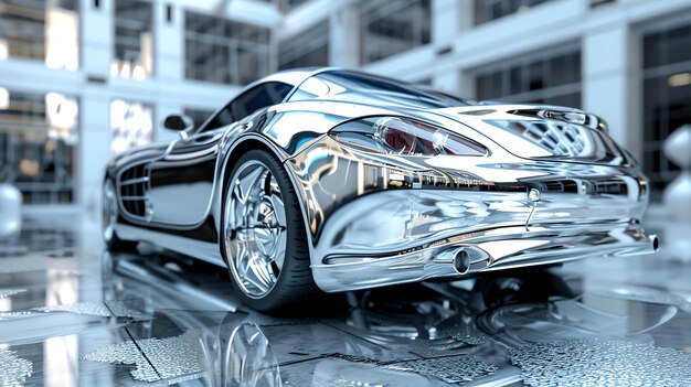 A sleek silver sports car is parked on a wet city street The car is reflecting the lights of the city and the sky