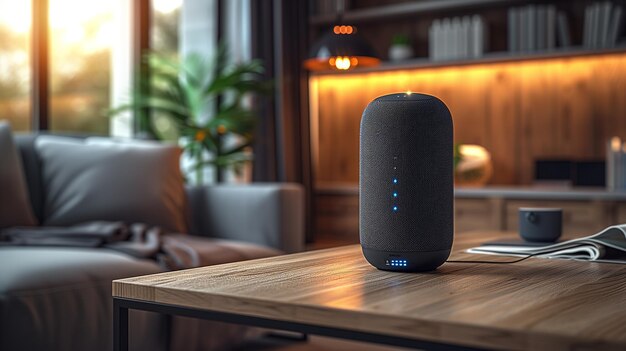 Photo a sleek smart speaker integrates into stylish apartment controlling smart home system