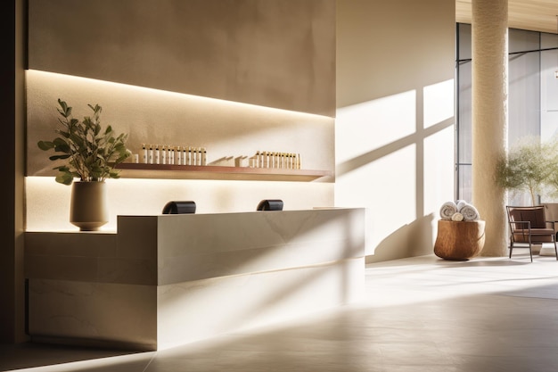 Sleek spa reception modern elements minimalist aesthetic contemporary lighting whites