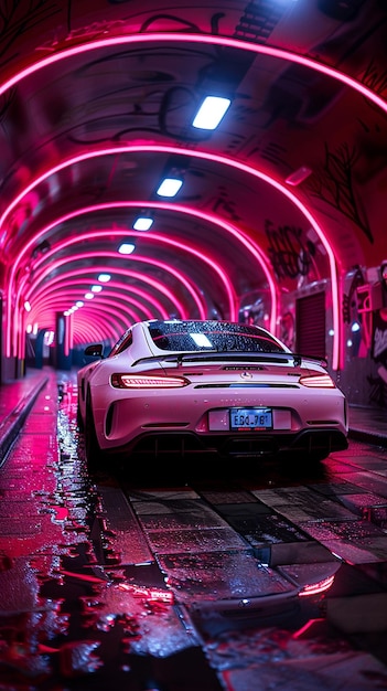 A Sleek Sports Car Parked NeonLit Wallpaper