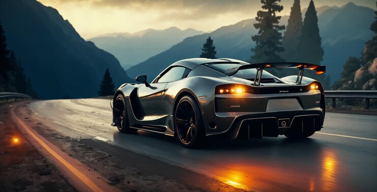 Photo 夕暮れ の 山 の 道路 で 速く 走っ て いる 優雅 な スポーツ カー