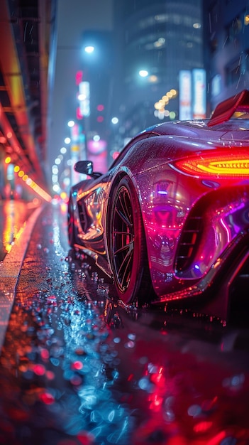 Photo a sleek sports car with neonlit ground background