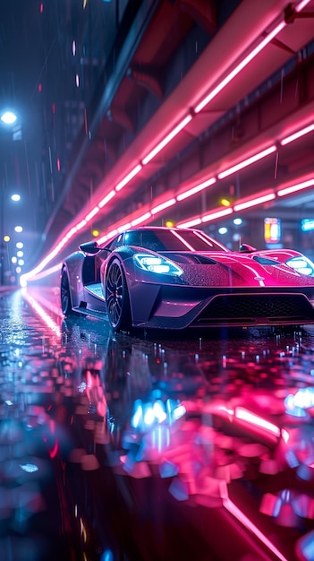 Photo a sleek sports car with neonlit ground wallpaper