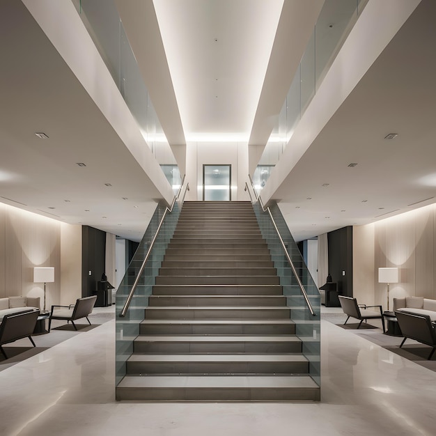 Sleek staircase minimalist design elegant and spacious interior with bright lighting For Social Me