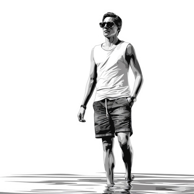 Sleek and Striking High Definition Black and White Line Art of a Slim Gentleman in Swimwear