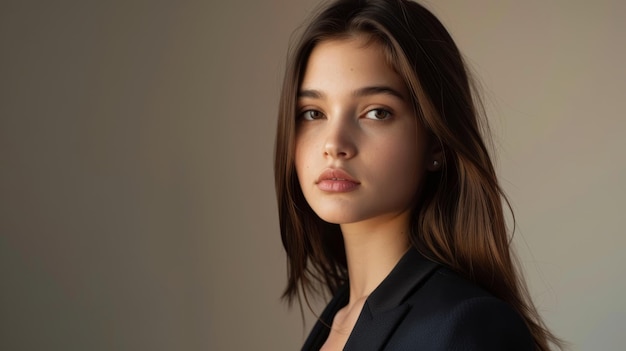 A sleek studio portrait of a young brunette woman in a blazer capturing her elegance and grace AI generated illustration