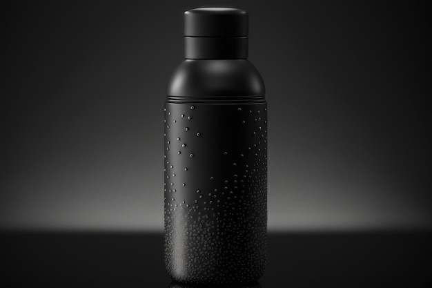 AI가 생성한 검정색 배경에 물방울이 있는 매끄럽고 세련된 검은색 화장품 병