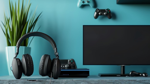 A sleek and stylish gaming setup with a black gaming console headphones and controllers on a wooden table against a blue background