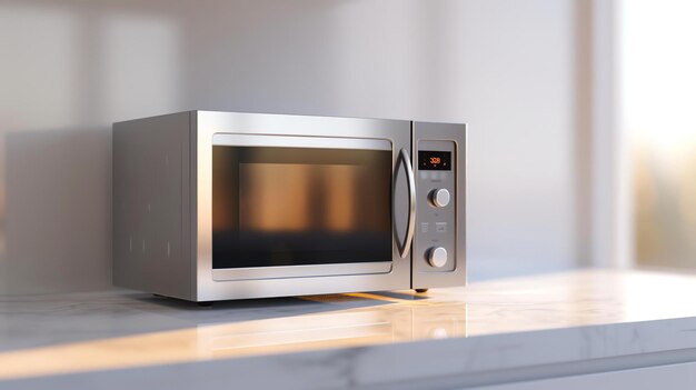 A sleek and stylish microwave oven sits on a white marble countertop in a modern kitchen