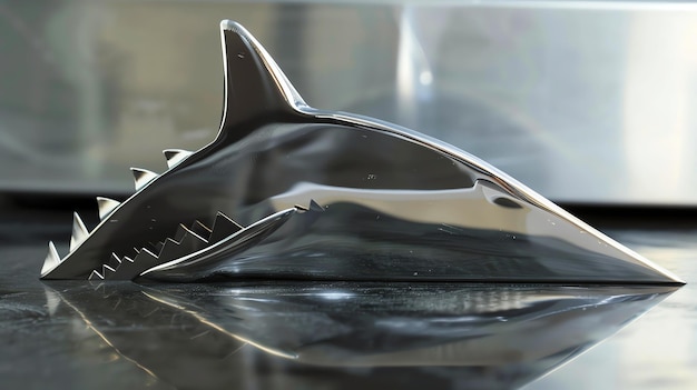 A sleek and stylish shark sculpture made of metal sits on a reflective surface