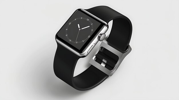 Photo a sleek and stylish smartwatch with a black band the watch has a square face with a black background and white numbers and hands