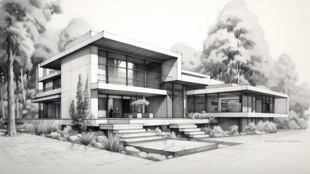 Sleek And Stylized Pencil Sketch Of A Modern Home