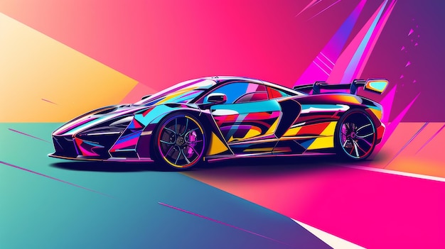 A sleek supercar in a vibrant Memphis style color palette AI generated illustration